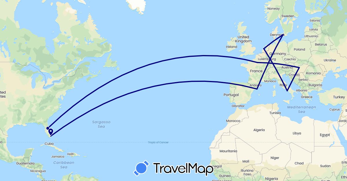 TravelMap itinerary: driving in Denmark, Spain, France, Hungary, Italy, Netherlands, United States (Europe, North America)